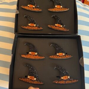 Tahari Black and Orange Witch Hat napkin rings Halloween set